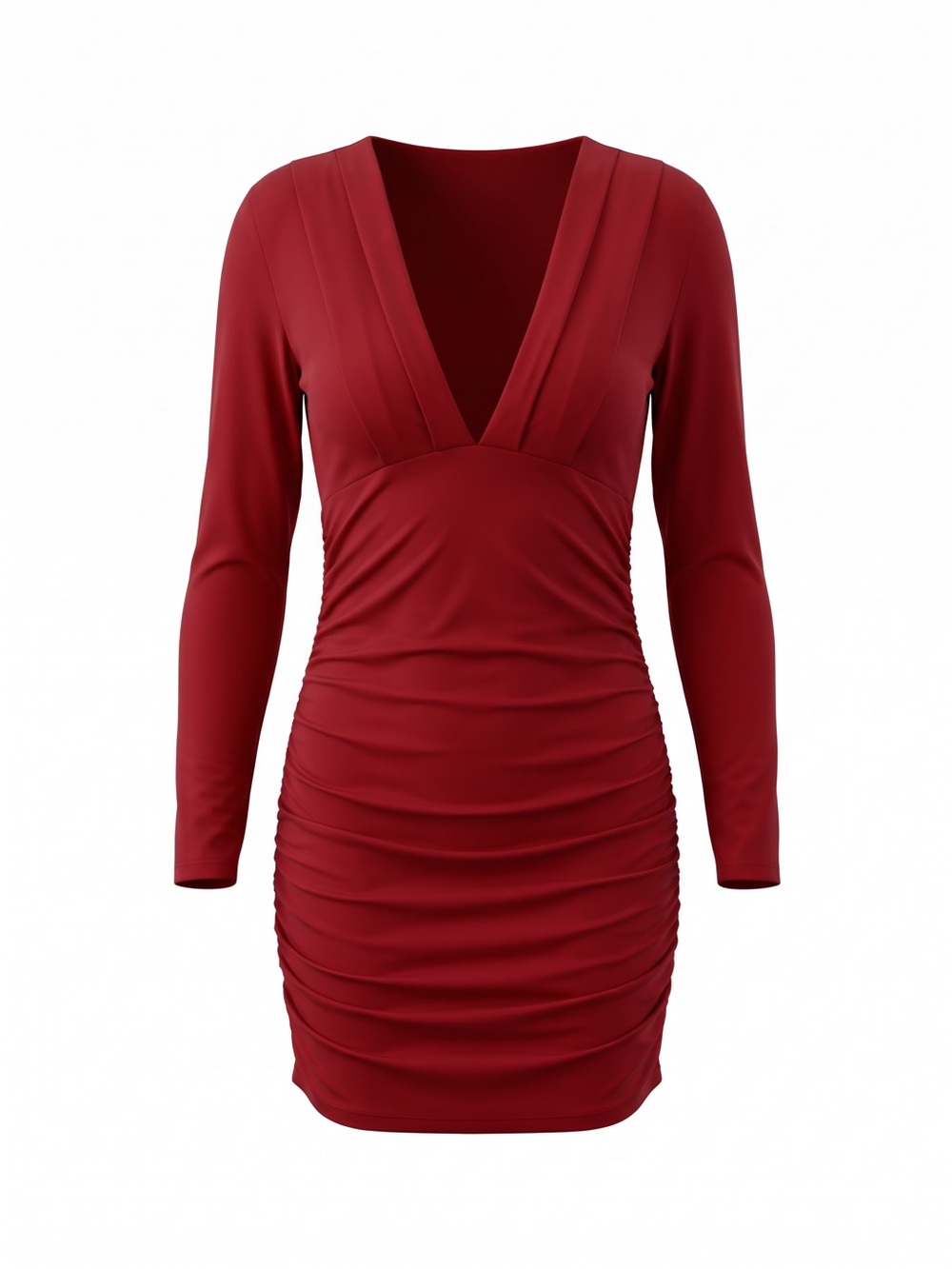 Source Unknown Burgundy V-Neck Ruched Long-Sleeve Dress